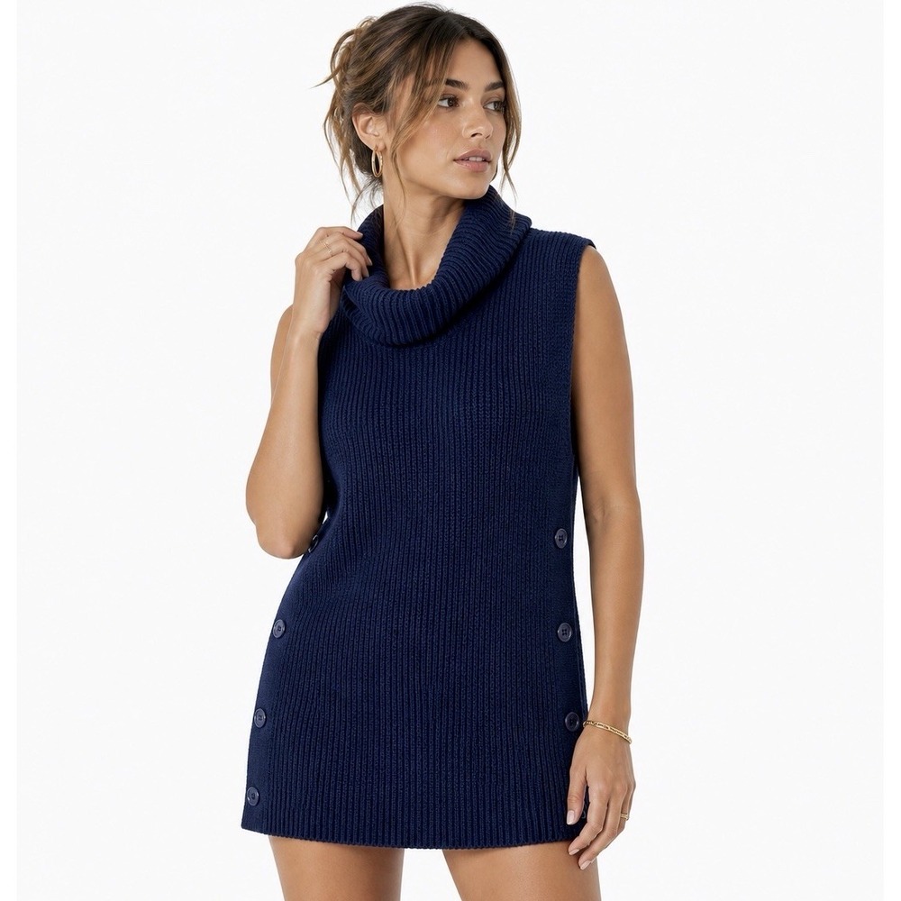Banana Republic Women Blue Sweater Vest Tunic Cowl Neck Buttons Size S NWT $54